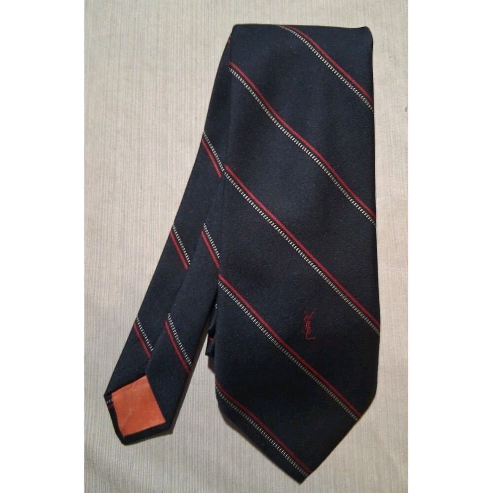Yves Saint Laurent Necktie Mens OS Navy Blue Good Vintage Tonal YSL Logo 3" Wide